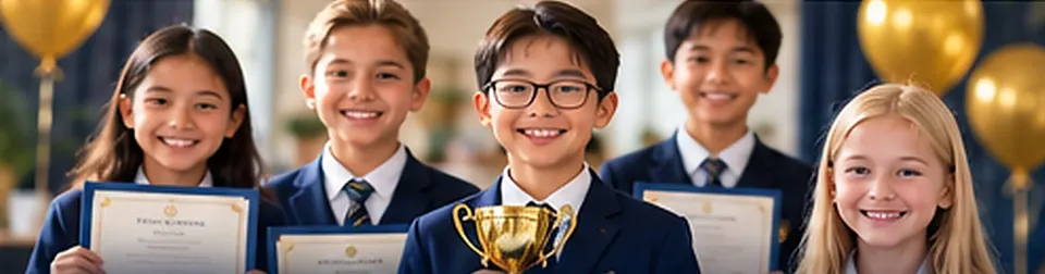 Students holding certificates and a trophy