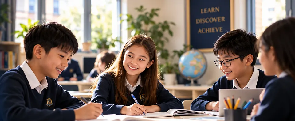 Students smiling and working together around a classroom table