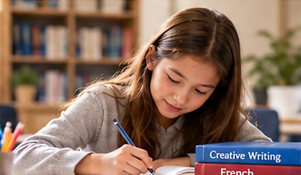 A student writing in a notebook in a library