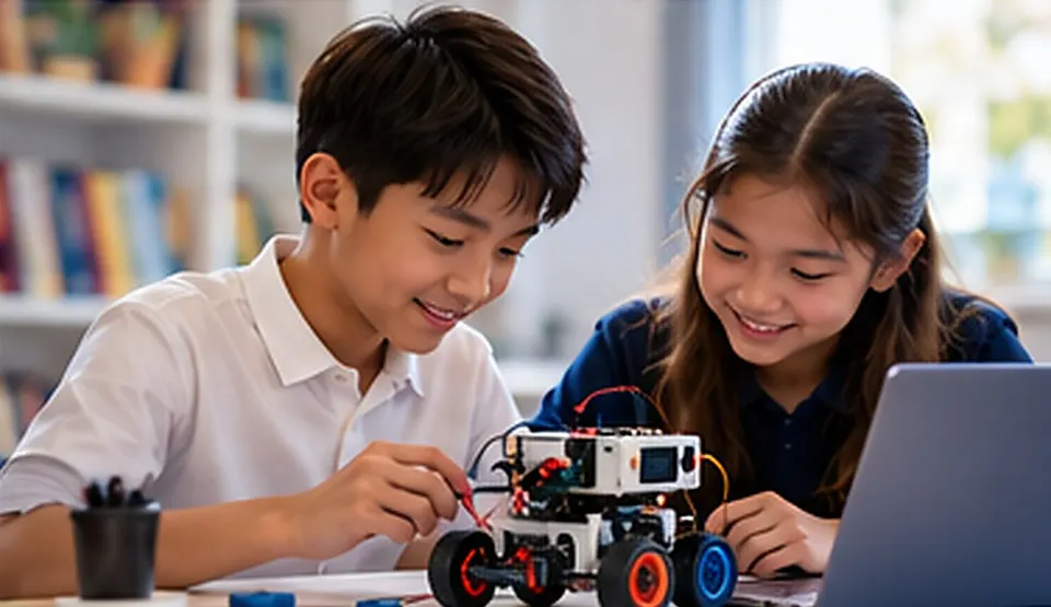 Two students building and programming a small robot