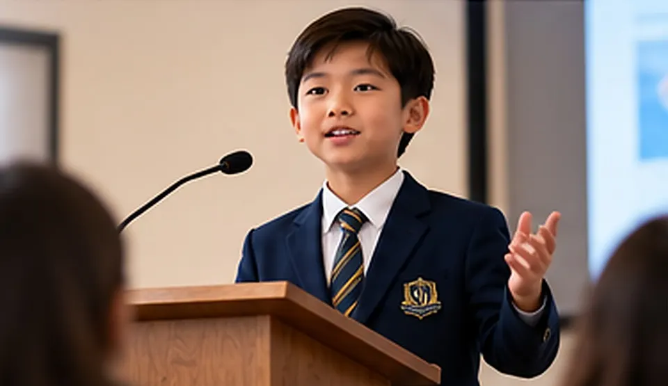 A student giving a speech at a podium