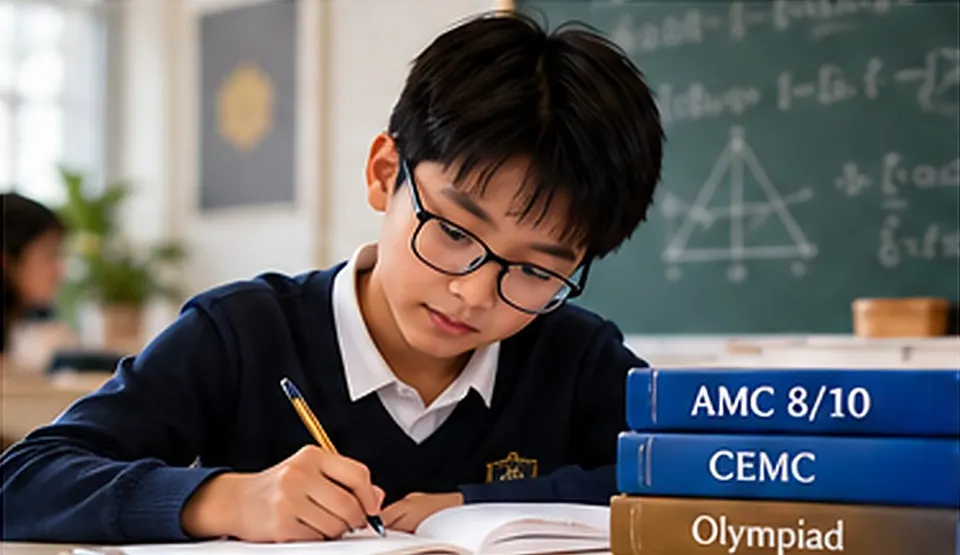 A student solving maths problems beside competition workbooks